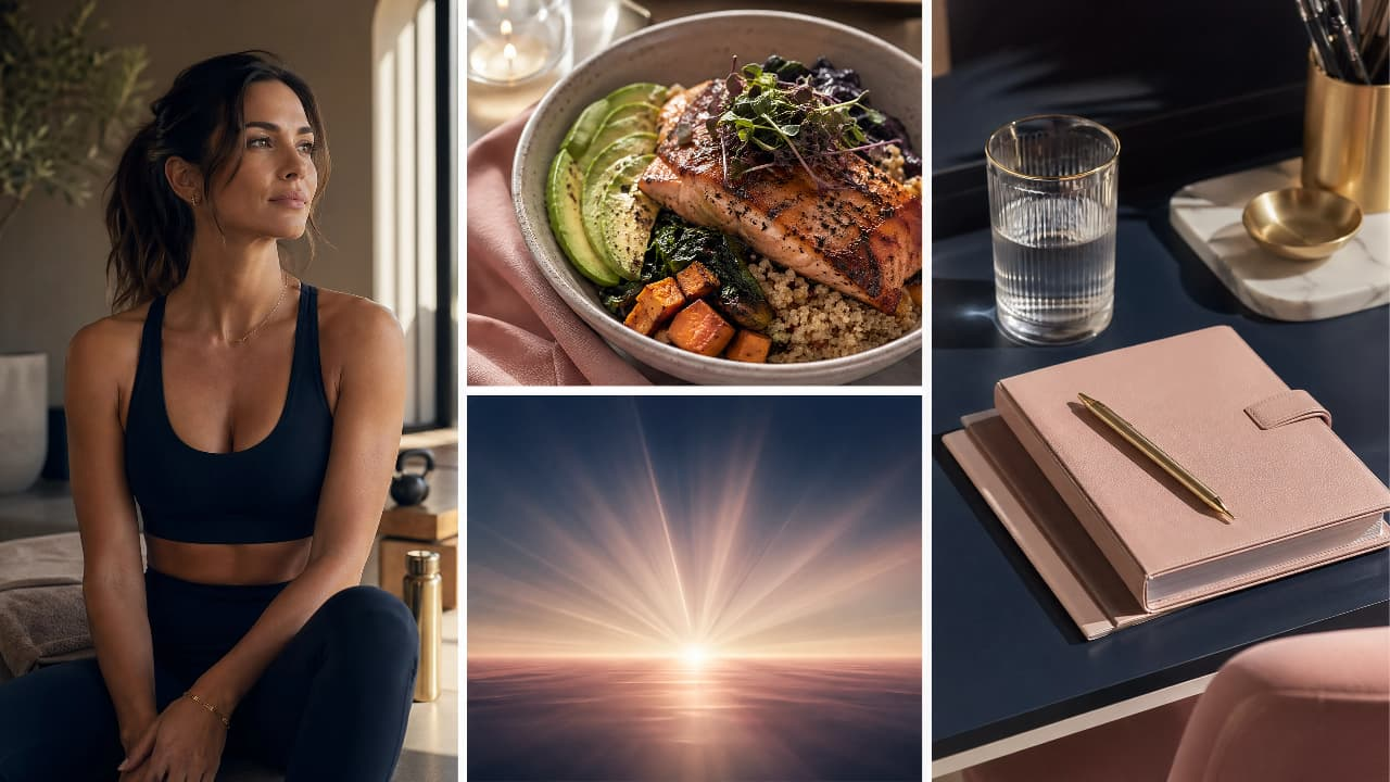 Moodboard da marca Kathleen Santos — mulher fitness em azul-marinho, bowl gourmet sobre tecido rosé, pôr-do-sol dourado, caderno rosé com detalhes dourados
